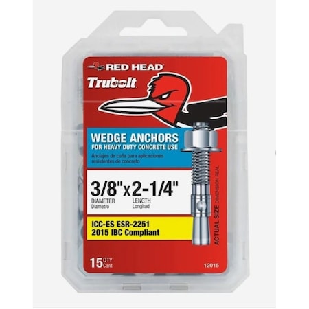 Red Head Wedge Anchor, 3/8" Dia., 2-1/4" L, 15 PK 12015